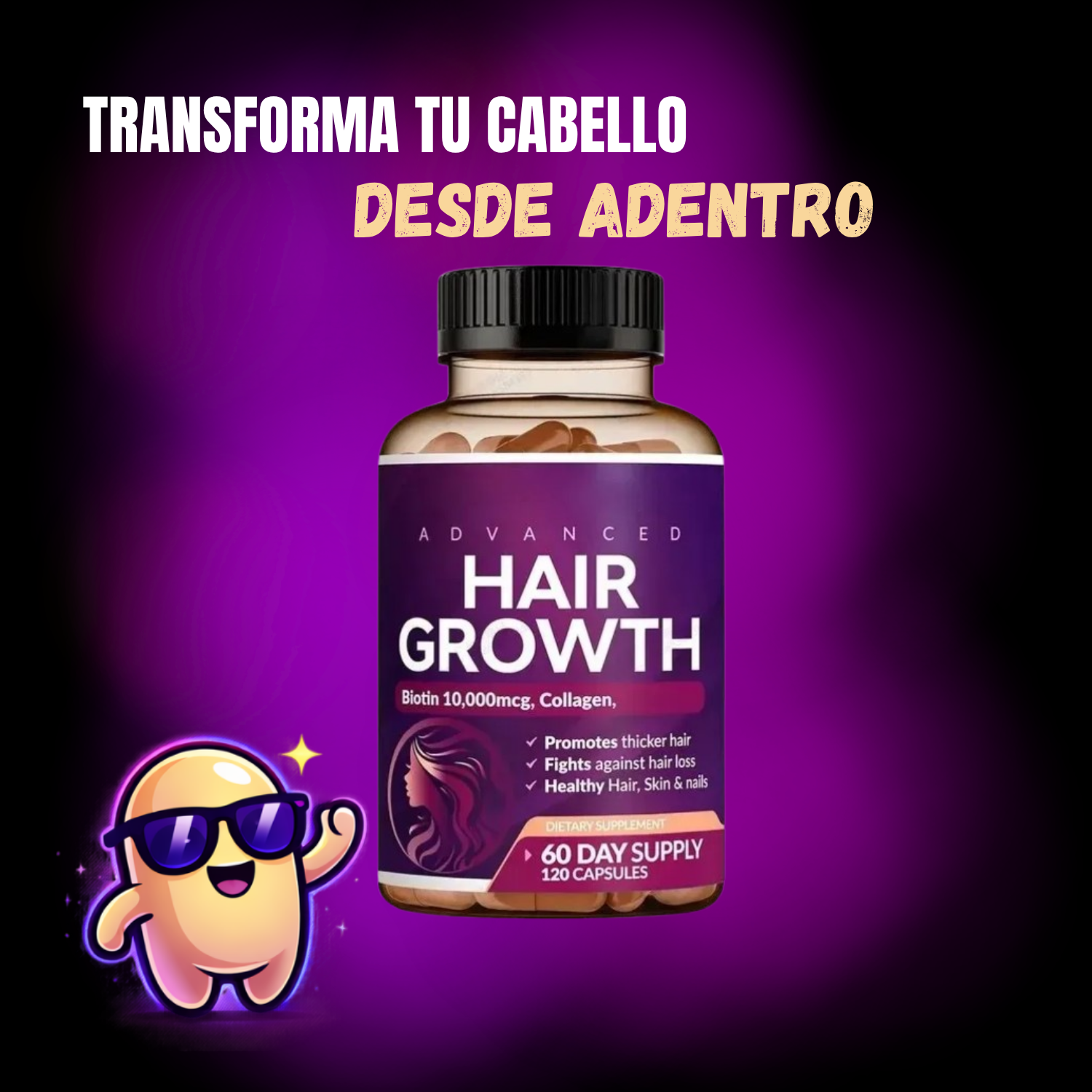 Advanced Hair Growth Rainbow Nutrients | Biotina 10.000 mcg + Colágeno